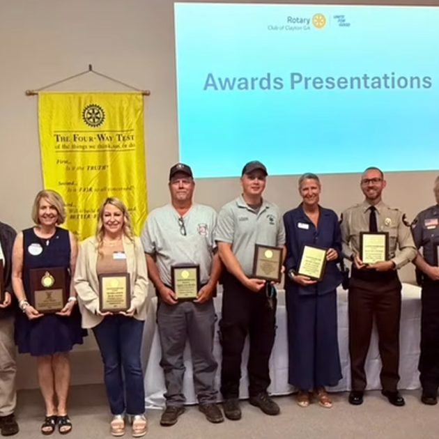 Nine award recipients pose with plaques at an awards presentation, with a Rotary banner and an 'Awards Presentations' slide behind them.
