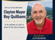 Promotional poster announcing guest speaker Roy Quilliams, Clayton mayor, at a club meeting; includes his portrait and event details on the left panel.