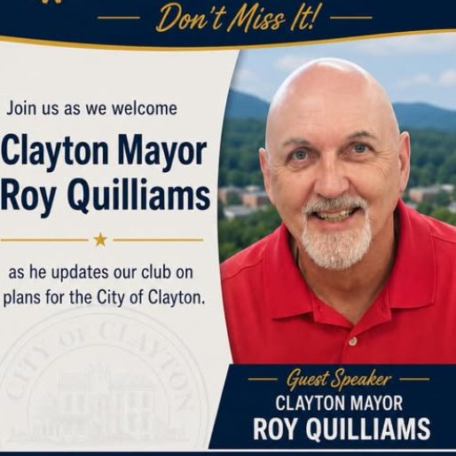 Promotional poster announcing guest speaker Roy Quilliams, Clayton mayor, at a club meeting; includes his portrait and event details on the left panel.