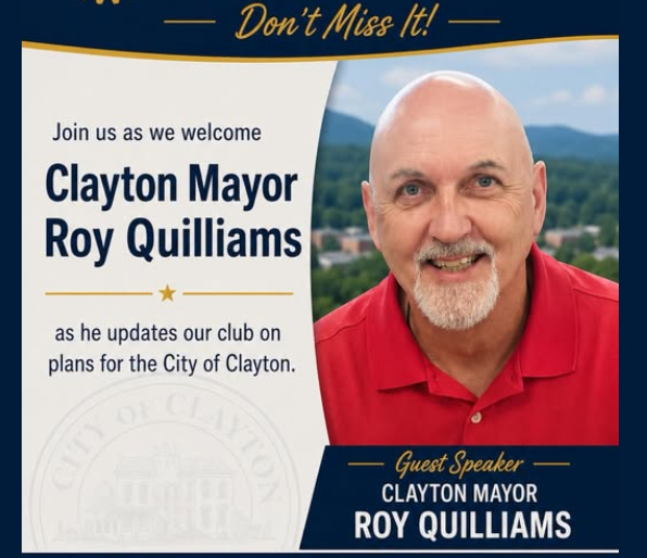 Promotional poster announcing guest speaker Roy Quilliams, Clayton mayor, at a club meeting; includes his portrait and event details on the left panel.