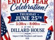 Poster for Rotary Club of Clayton End of Year Celebration on Thursday, June 25, 5:30–8:00pm at the Dillard House with fireworks imagery