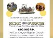 Event flyer for an annual 'Picnic for a Purpose' fundraiser: date Sept 10, 2026, 6–9 PM, MAC at Clayton Baptist Church; includes circular photos of kids and a house illustration on a white background with yellow circles.