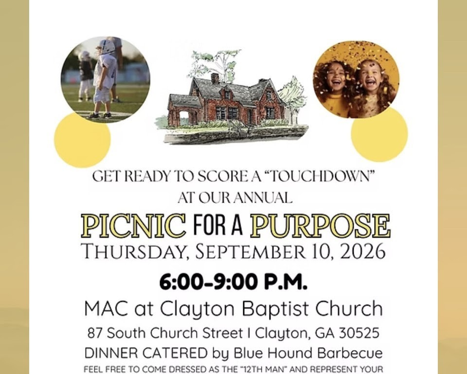 Event flyer for an annual 'Picnic for a Purpose' fundraiser: date Sept 10, 2026, 6–9 PM, MAC at Clayton Baptist Church; includes circular photos of kids and a house illustration on a white background with yellow circles.