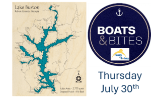 image20 - Rotary Club Of Clayton Event flyer showing a Lake Burton map (Rabun County, Georgia) on the left and a blue circular 'Boats & Bites' Rotary logo on the right, with the date 'Thursday July 30' in blue.