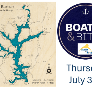 Event flyer showing a Lake Burton map (Rabun County, Georgia) on the left and a blue circular 'Boats & Bites' Rotary logo on the right, with the date 'Thursday July 30' in blue.