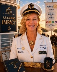 image26 - Rotary Club Of Clayton Smiling woman in a white captain's uniform behind a desk at a Rotary club booth, with a banner reading 'S.S. Lasting Impact' and Rotary signage in the background.