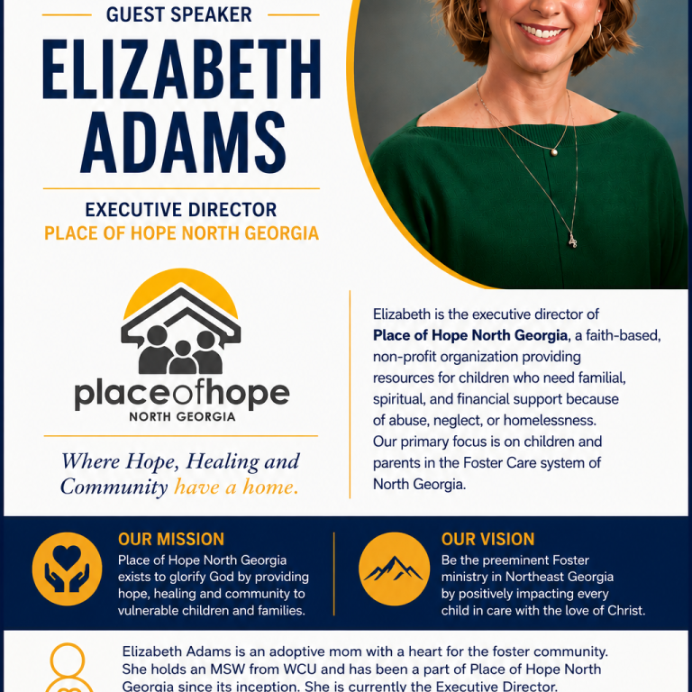 Poster for Rotary Club of Clayton: guest speaker Elizabeth Adams, executive director of Place of Hope North Georgia, with logo and portrait on the right.