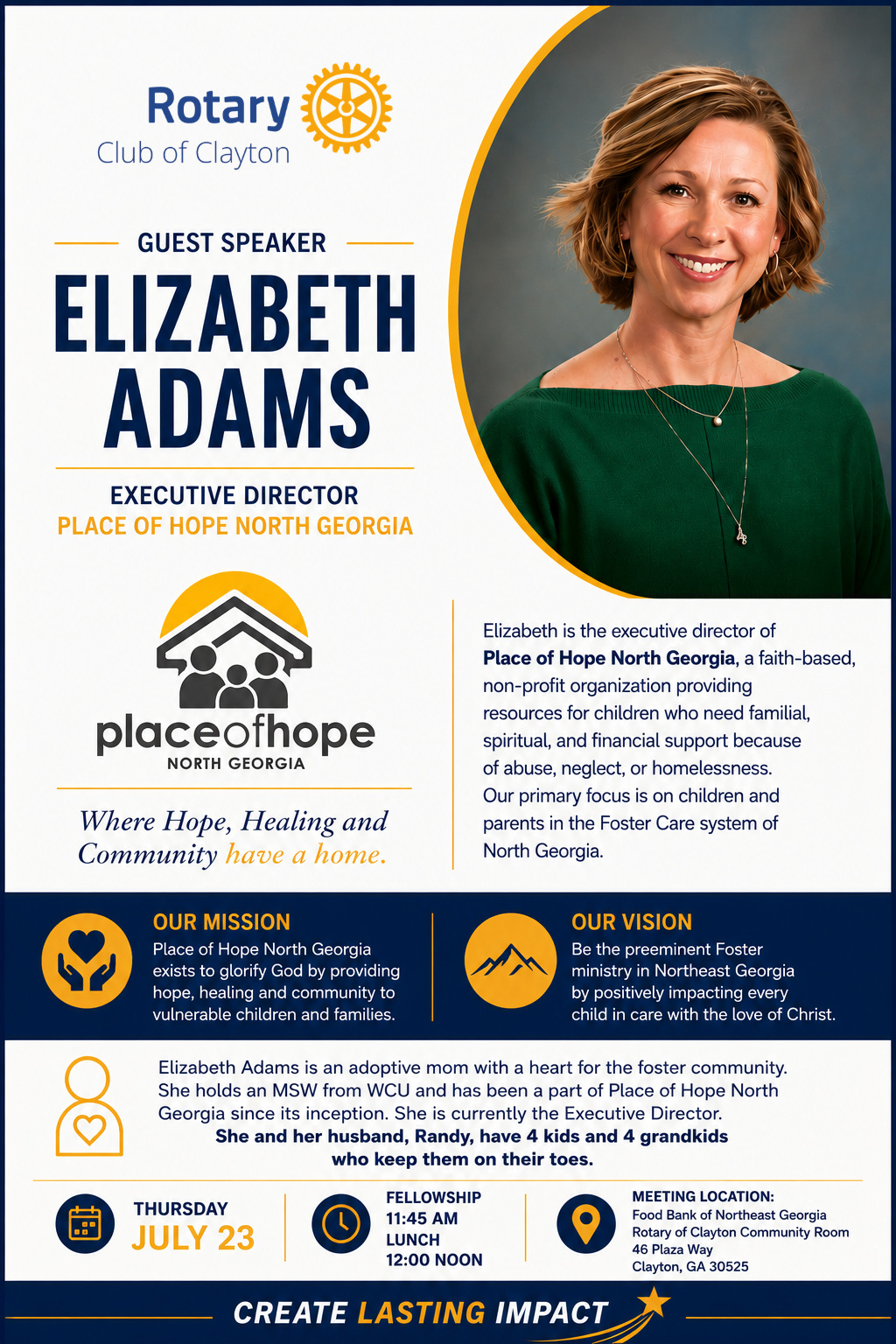 Poster for Rotary Club of Clayton: guest speaker Elizabeth Adams, executive director of Place of Hope North Georgia, with logo and portrait on the right.