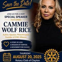Rotary Club of Clayton banner promoting a talk by Cammie Wolfe on August 20, 2025, with Save the Date and club logos.