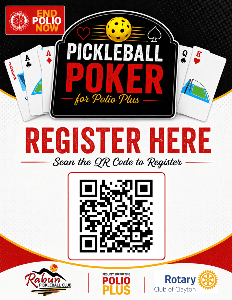 Pickleball - Rotary Club Of Clayton Poster advertising Pickleball Poker for Polio Plus with a QR code to register to the event.