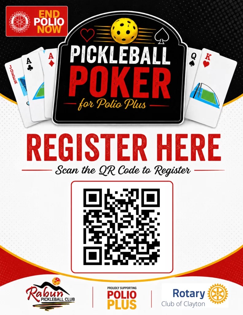 Poster advertising Pickleball Poker for Polio Plus with a QR code to register to the event.