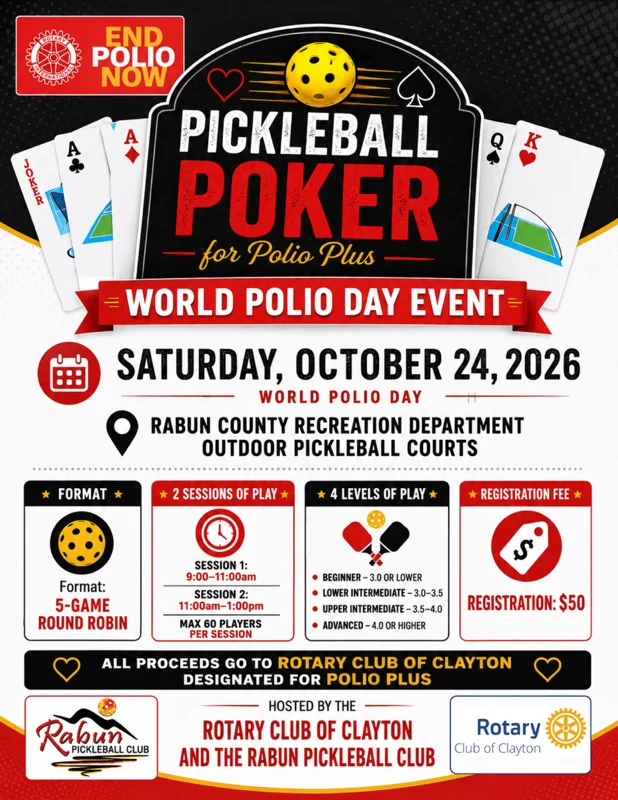 Promotional poster for World Polio Day: Pickleball Poker for Polio Plus on Saturday Oct 24, 2026 at Rabun County Recreation Department Outdoor Pickleball Courts, registration . Proceeds go to Rotary Club of Clayton and Polio Plus.