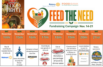 Rotary Club of Clayton October 29 newsletter: Feed the Need canned goods campaign graphic.
