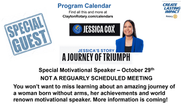 Rotary Club of Clayton October 22 newsletter: October 29 special speaker event.